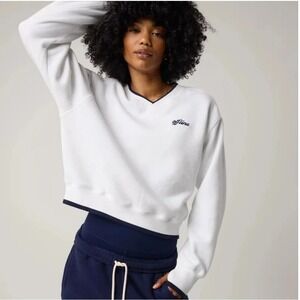 Aerie Offline Real Me V-Neck Sweatshirt White Navy Blue Cropped Pullover M/L